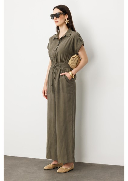 Önü Düğmeli Kısa Kol Tulum-Haki indirimleri