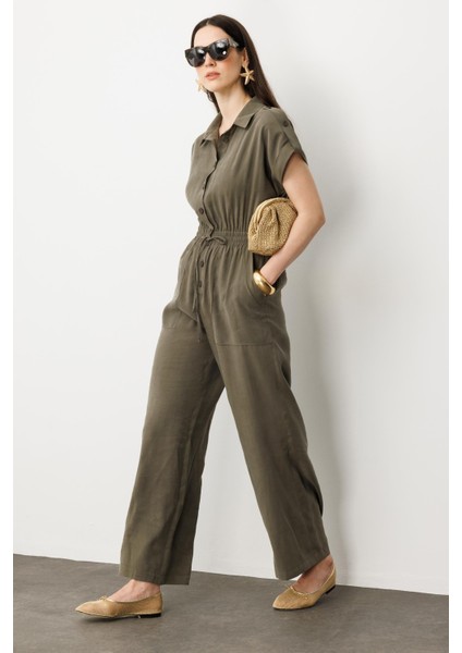 Önü Düğmeli Kısa Kol Tulum-Haki