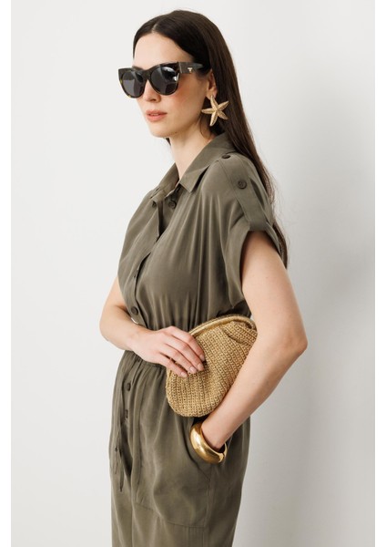 Önü Düğmeli Kısa Kol Tulum-Haki