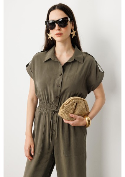 Önü Düğmeli Kısa Kol Tulum-Haki