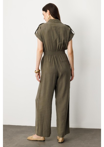 Önü Düğmeli Kısa Kol Tulum-Haki