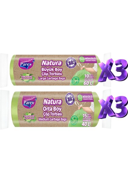 Natura Büzgülü 6 Adet Çöp Torbası Orta ve Büyük Boy Paket