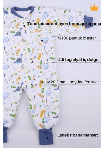 2-9 Yaş 2.5 Tog %100 Pamuk Astarlı Premium Kalite Elyaf Dolgulu Çocuk Uyku Tulumu Gri Dinozor 23504