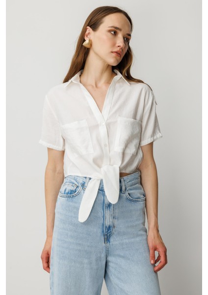 Bağlama Detaylı Kısa Gömlek-Ekru
