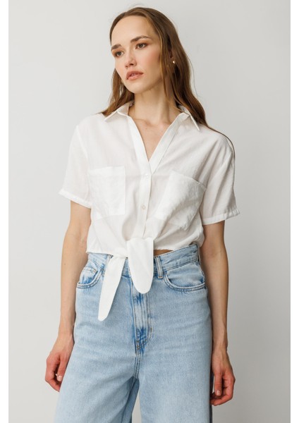 Bağlama Detaylı Kısa Gömlek-Ekru fırsatları