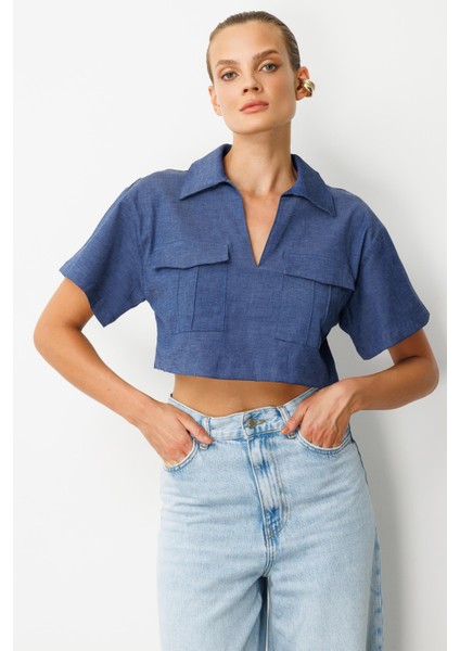 Cep Detaylı Crop Gömlek-Indigo