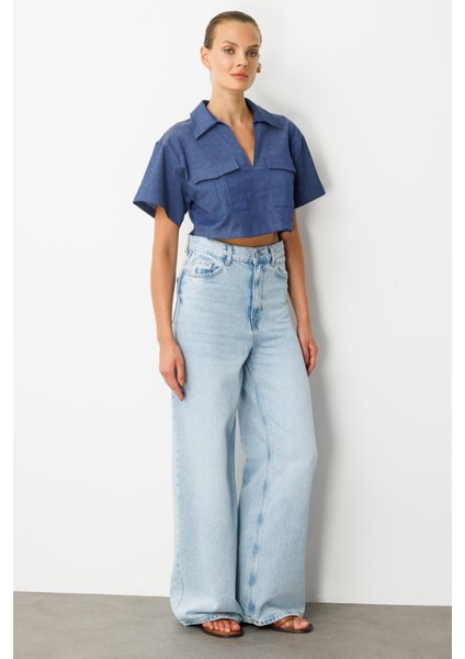 Cep Detaylı Crop Gömlek-Indigo fiyatları