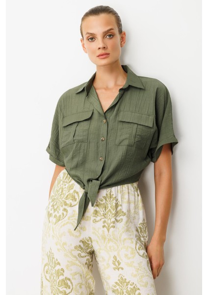 Bağlama Detaylı Crop Gömlek-Haki modelleri