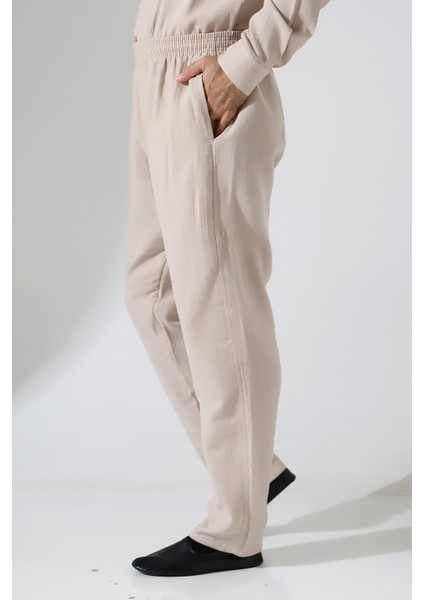 Erkek Lastikli Bel Cepli Hac Umre Müslin Pantolon - Bej (Ans)