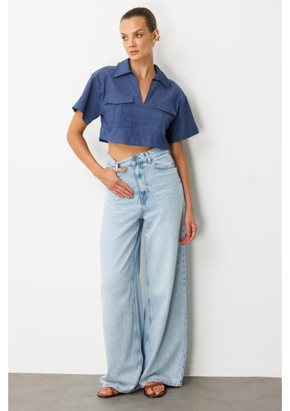 Cep Detaylı Crop Gömlek-Indigo modelleri