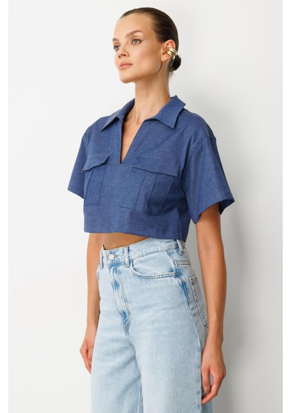Cep Detaylı Crop Gömlek-Indigo fırsatları
