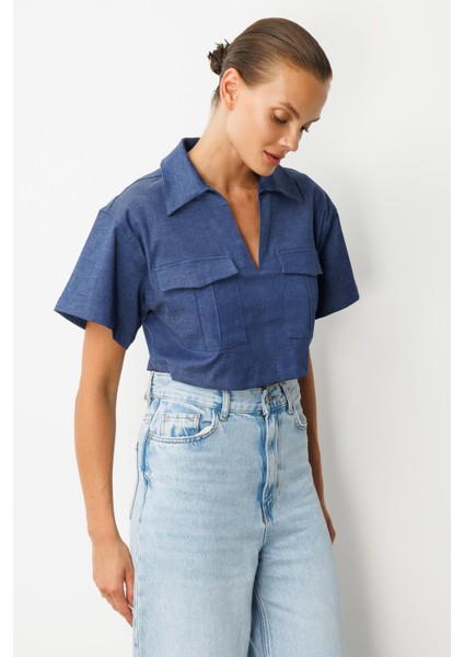 Cep Detaylı Crop Gömlek-Indigo indirimleri