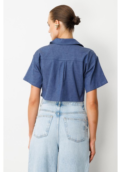 Cep Detaylı Crop Gömlek-Indigo