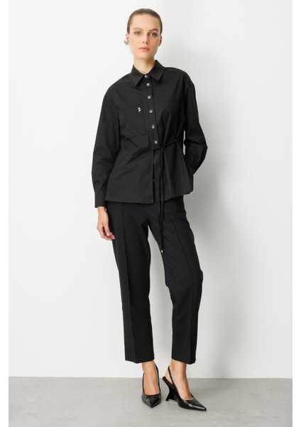 Broşlu Bağlama Detay Gömlek-Siyah modelleri