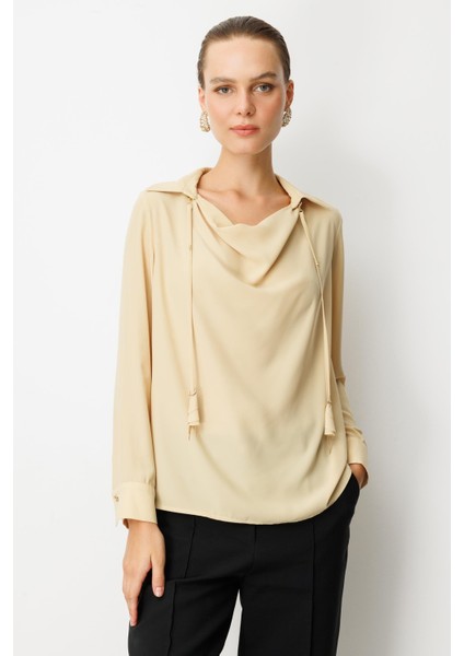 Farbela Detaylı Krep Gömlek-Sarı indirimleri