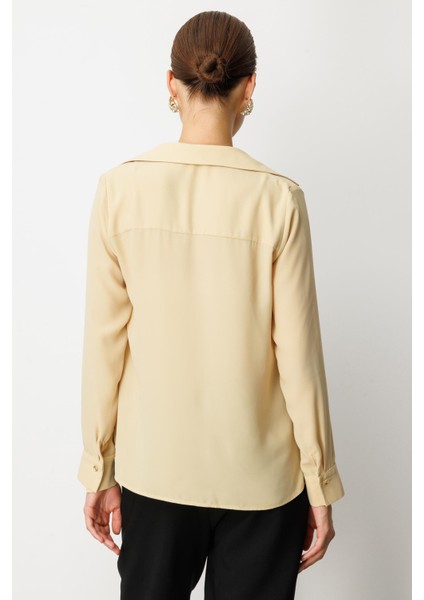 Farbela Detaylı Krep Gömlek-Sarı