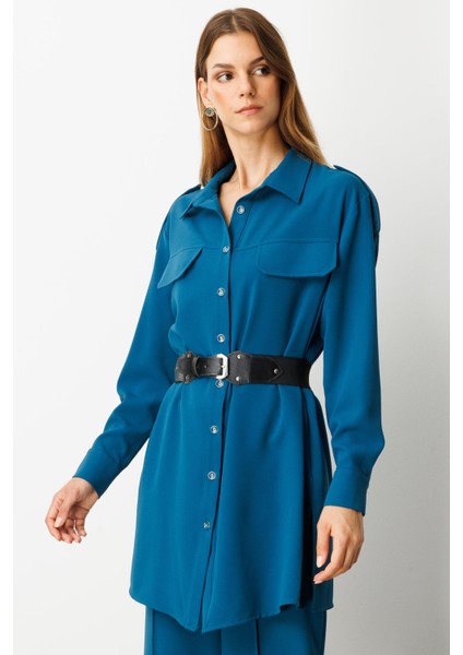 Lastik Kemer Detaylı Krep Tunik Gömlek-Petrol