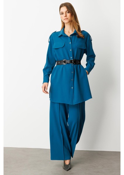 Lastik Kemer Detaylı Krep Tunik Gömlek-Petrol fiyatları