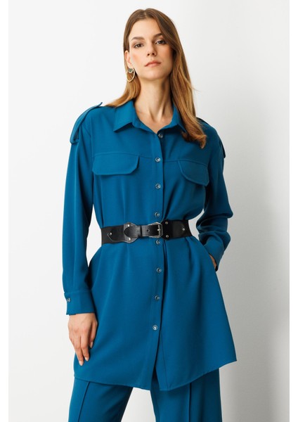 Lastik Kemer Detaylı Krep Tunik Gömlek-Petrol modelleri