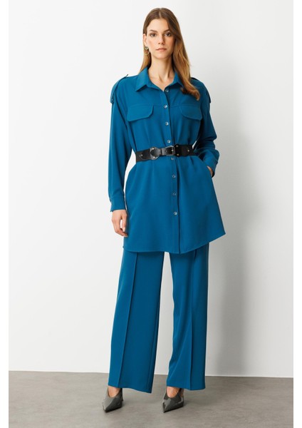 Lastik Kemer Detaylı Krep Tunik Gömlek-Petrol fırsatları