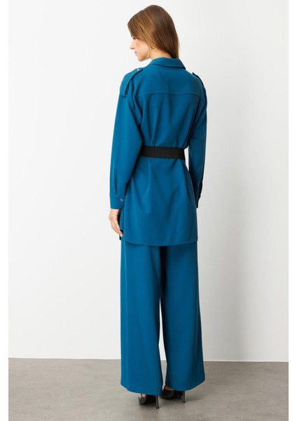 Lastik Kemer Detaylı Krep Tunik Gömlek-Petrol