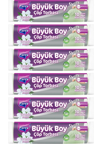 Büzgülü 10'lu Çöp Torbası Yasemin Kokulu Büyük Boy 65 x 70 cm Altılı Paket