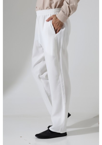 Erkek Lastikli Bel Cepli Hac Umre Müslin Pantolon - Beyaz (Ans)