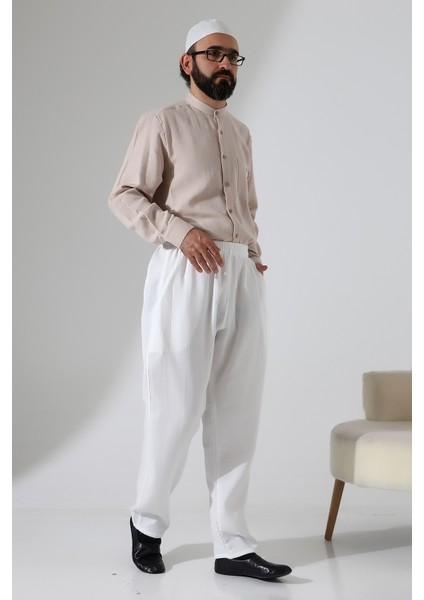 Erkek Lastikli Bel Cepli Hac Umre Müslin Pantolon - Beyaz (Ans) fiyatları