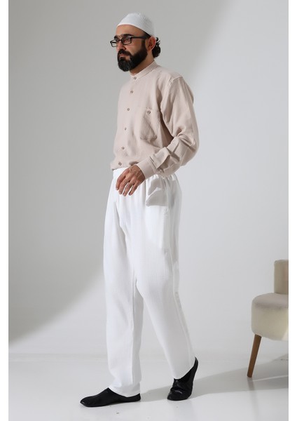 Erkek Lastikli Bel Cepli Hac Umre Müslin Pantolon - Beyaz (Ans) modelleri