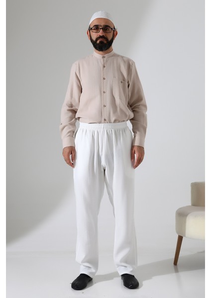 Erkek Lastikli Bel Cepli Hac Umre Müslin Pantolon - Beyaz (Ans) fırsatları