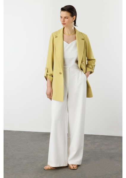 Katlanabilir Kol Detaylı Uzun Ceket-Y.yeşili