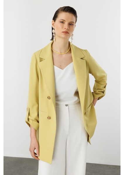 Katlanabilir Kol Detaylı Uzun Ceket-Y.yeşili