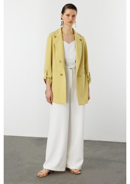 Katlanabilir Kol Detaylı Uzun Ceket-Y.yeşili