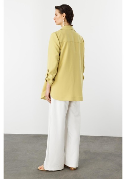 Katlanabilir Kol Detaylı Uzun Ceket-Y.yeşili
