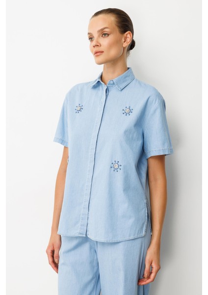 Taş Desen Pamuklu Kot Gömlek-Mavi