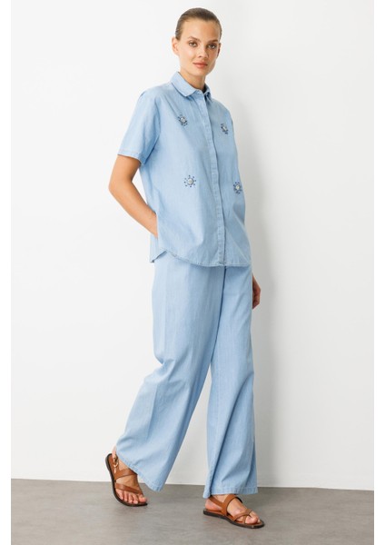 Taş Desen Pamuklu Kot Gömlek-Mavi fiyatları