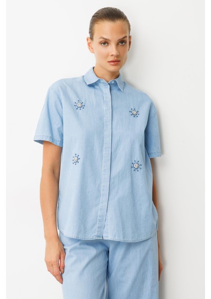Taş Desen Pamuklu Kot Gömlek-Mavi modelleri
