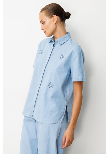 Taş Desen Pamuklu Kot Gömlek-Mavi fırsatları