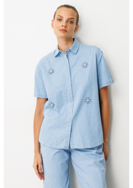 Taş Desen Pamuklu Kot Gömlek-Mavi indirimleri