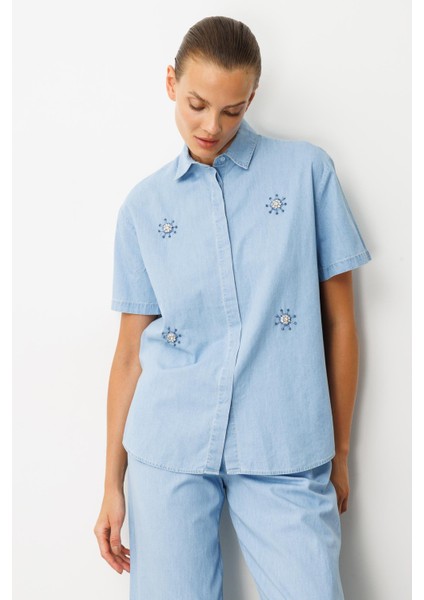 Taş Desen Pamuklu Kot Gömlek-Mavi