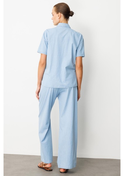 Taş Desen Pamuklu Kot Gömlek-Mavi