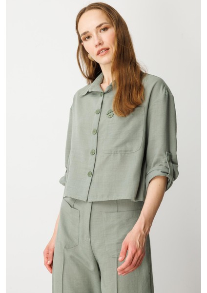 Keten Görünümlü Oversize Kısa Gömlek-Çağla