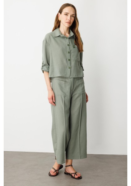 Keten Görünümlü Oversize Kısa Gömlek-Çağla fiyatları