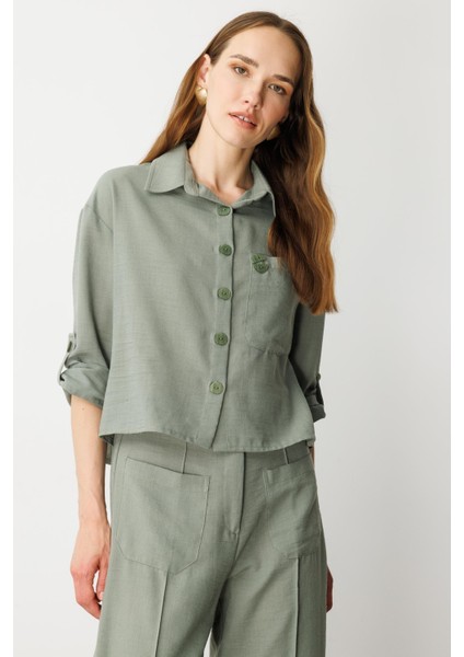 Keten Görünümlü Oversize Kısa Gömlek-Çağla modelleri