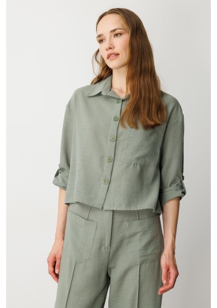Keten Görünümlü Oversize Kısa Gömlek-Çağla fırsatları