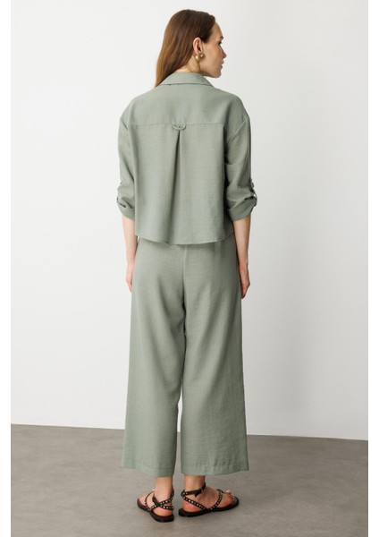 Keten Görünümlü Oversize Kısa Gömlek-Çağla indirimleri