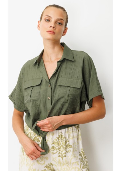 Bağlama Detaylı Crop Gömlek-Haki