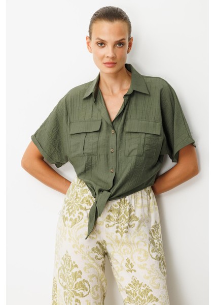 Bağlama Detaylı Crop Gömlek-Haki