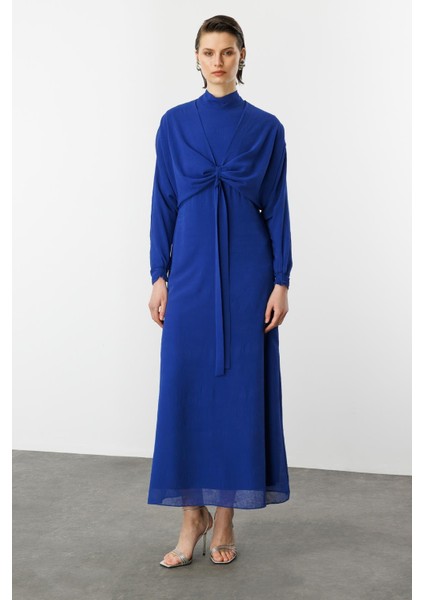 Şal Detaylı Uzun Şifon Elbise-Sax