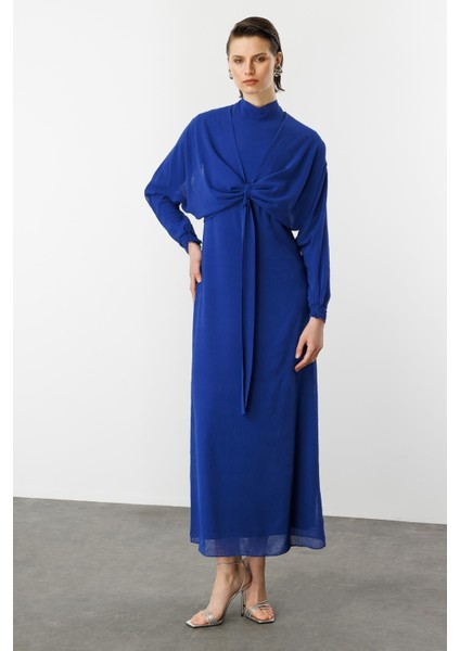 Şal Detaylı Uzun Şifon Elbise-Sax fiyatları